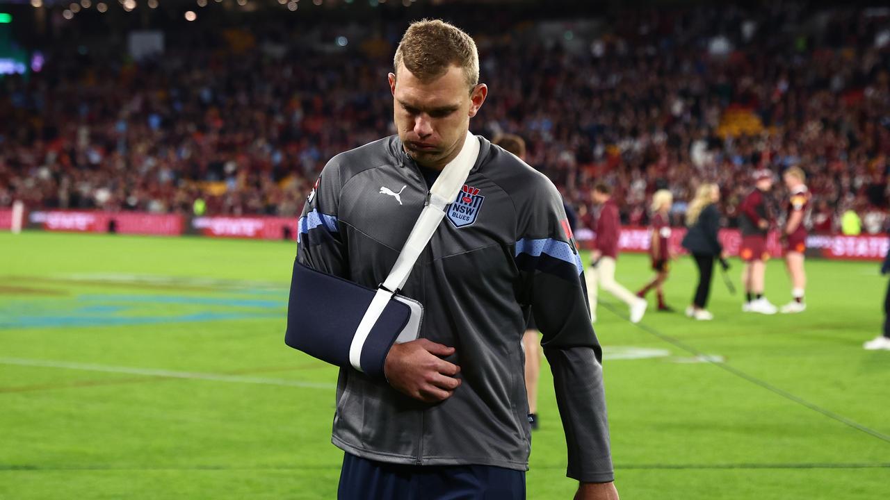 BRISBANE, AUSTRALIA - JUNE 21: Tom Trbojevic of the Blues is seen injured after game two of the State of Origin series between the Queensland Maroons and the New South Wales Blues at Suncorp Stadium on June 21, 2023 in Brisbane, Australia. (Photo by Chris Hyde/Getty Images)