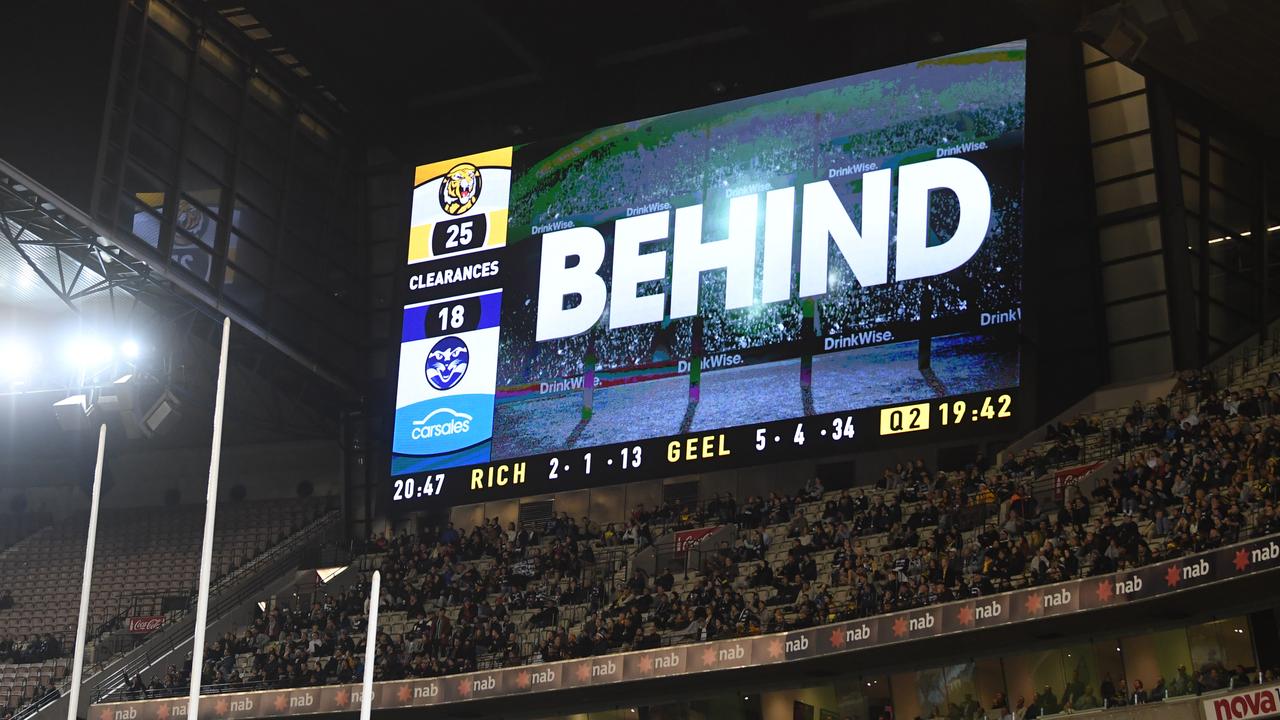 A score review is displayed on a stadium screen. (AAP Image/Julian Smith)