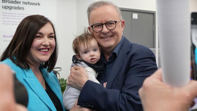 Anthony Albanese with Badcoe MP Jayne Stinson and her son Quinn on Sunday. Picture: NewsWire / Dean Martin