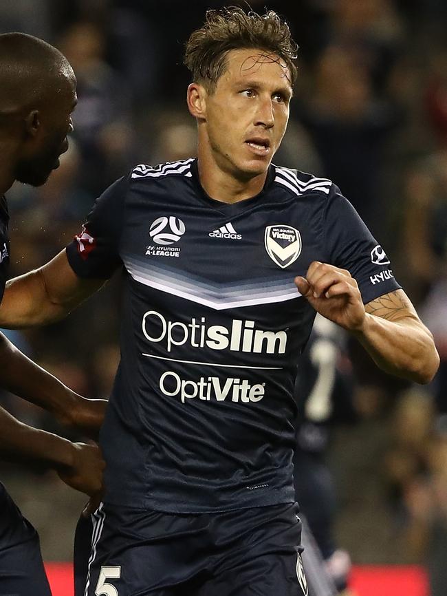 For a fleeting moment, Mark Milligan was Victory’s Luke Skywalker, scoring the equaliser, but was later taken to the healing field generator in The Resistance Base on Planet D’Qar, with what appeared to be a serious hamstring injury. Picture: Getty Images
