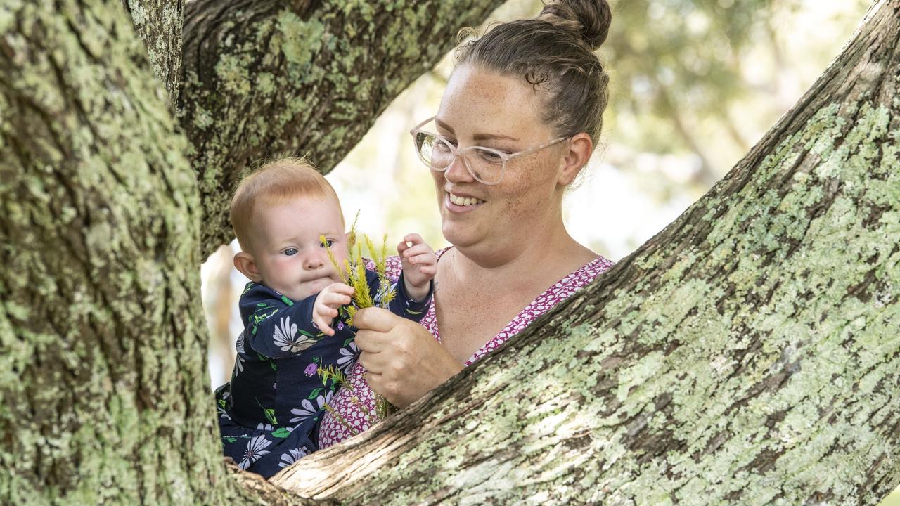 Tiffany Gesler and Clara Jensen. Tiffany is an indigenous woman with a new business educating young children about Aboriginal history and connecting them with nature and the land. Wednesday, February 23, 2022. Picture: Nev Madsen.