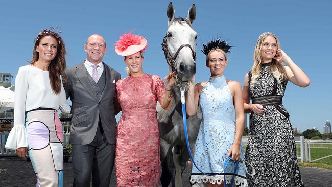 From left: Model and actress Jodi Anasta, Mike Tindall, Zara Phillips MBE, jockey Kathy O'Hara and 800 Words star Melina Vidler are race-ready. Picture: Richard Gosling