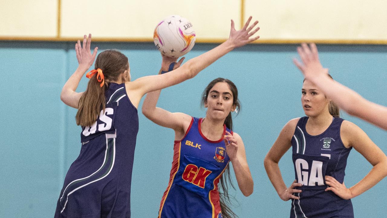 Evangelina Pikramenos of Downlands Junior B against St Ursula's Junior B in Merici-Chevalier Cup netball at Salo Centre, Friday, July 19, 2024. Picture: Kevin Farmer