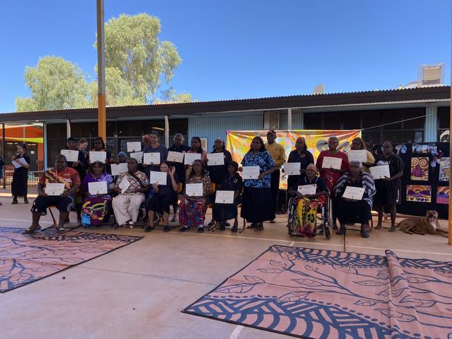 Members of the Yuendumu community proudly acknowledged for their contribution to bilingual education on March 5, 2025, when Yuendumu School celebrated 50 years of bilingual education. Picture: Supplied