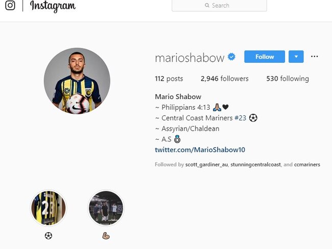 The Instagram account of Mario Shabow, of Central Coast Mariners, where a surprise post of support for Israel Folau was made.