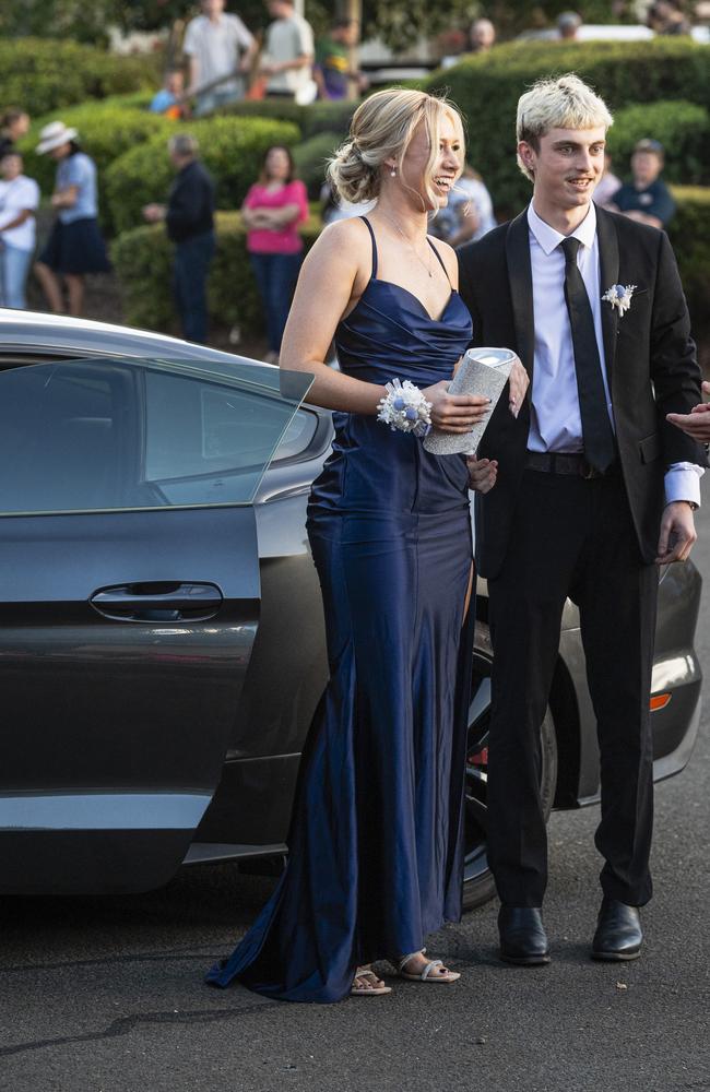 Graduate Tayla Horrobin and partner Declan Hewitt arrive at Mary MacKillop Catholic College formal at Highfields Cultural Centre, Thursday, November 14, 2024. Picture: Kevin Farmer