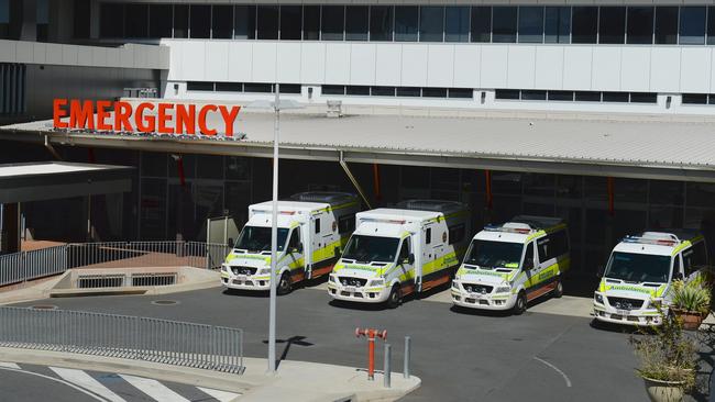 Ambulances parked outside the emergency department at the Rockhampton Hospital.