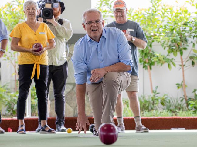 The PM plays Lawn Bowls with residents at the Living Gems Retirement Village in South Caboolture. Picture: Jason Edwards