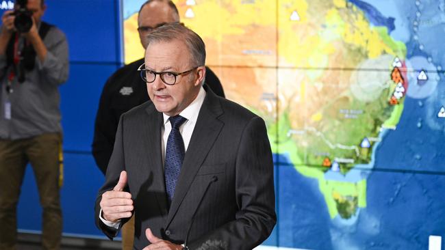 CANBERRA, AUSTRALIA  - NewsWire Photos - MARCH 6 2025: Prime Minister Anthony Albanese and National Emergency Management Agency Deputy Coordinator-General, Joe Buffone hold a media briefing in the National Situation Room (NEMA) in Canberra. Picture: NewsWire / Martin Ollman