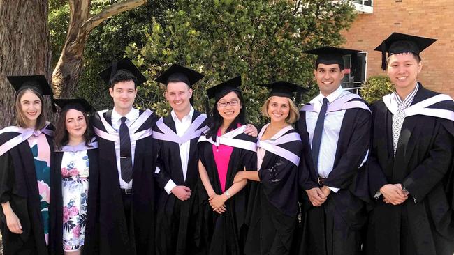 Medicine graduates Emily Mackrill, Eliza Nolan, Kit Neasey, Lewis Nothrop, Celine Goh, Gabrielle Brailsford, Nikhil Kharwadkar, James Tan. Picture: SUPPLIED