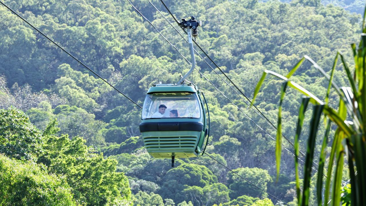 A Skyrail rainforest cableway gondola sails above the rainforest canopy on the Macalister Range National Park at Smithfield near Cairns. Picture: Brendan Radke.