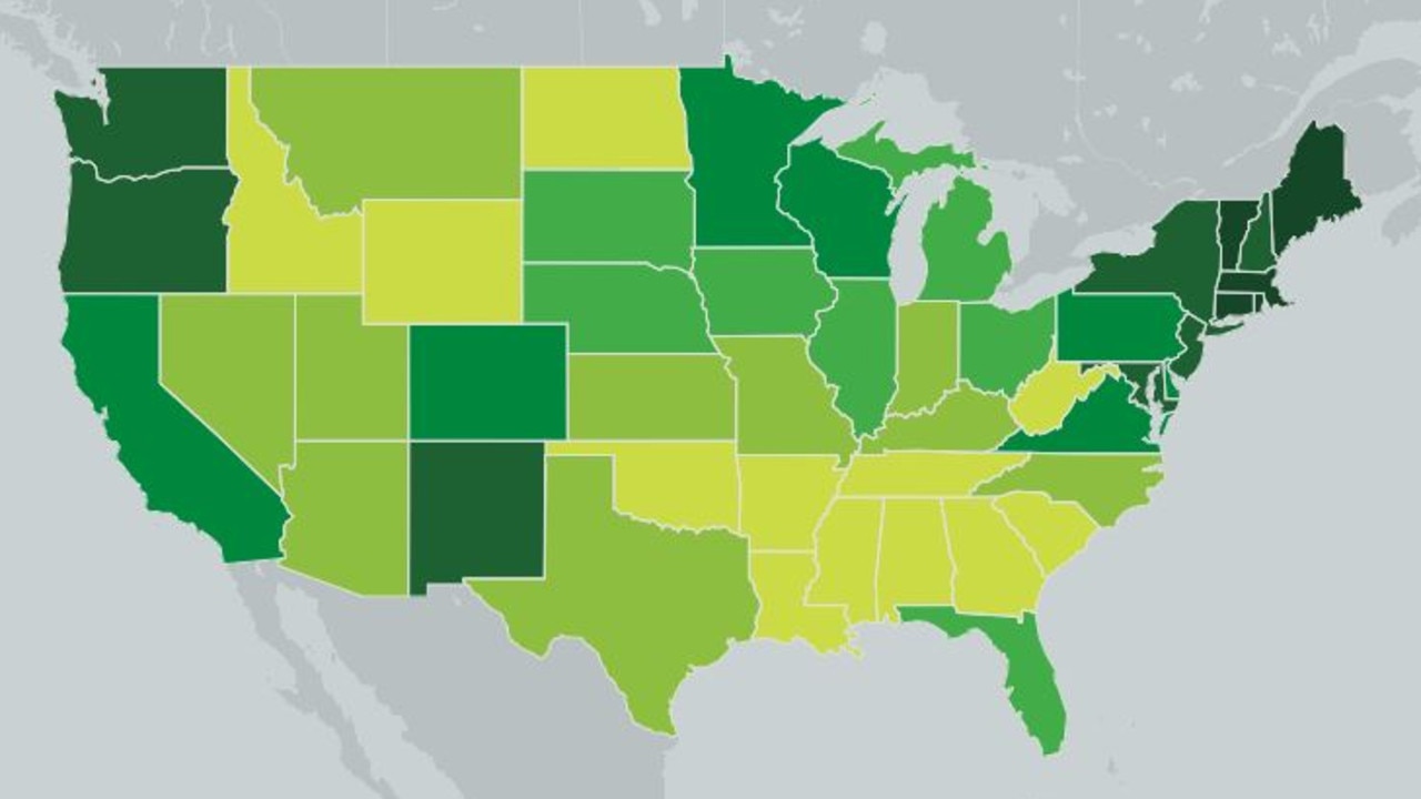 States in dark green have the highest vaccination rates; states in yellow have the lowest. Picture: Mayo Clinic