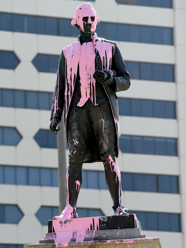 Pink paint has been poured on the statue. Picture: Nicole Garmston