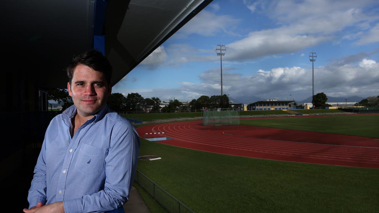 Brock Schaefer, when appointed Chief Executive Officer of Northern Pride Rugby League Football Club in 2013, strikes a pose in front of his office in Cairns.