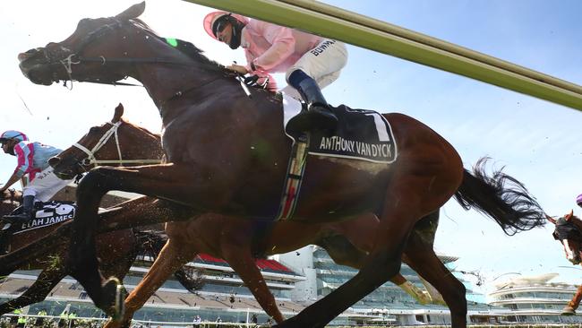 Hugh Bowman rides Anthony Van Dyck in the Melbourne Cup on Tuesday. Picture: Getty Images