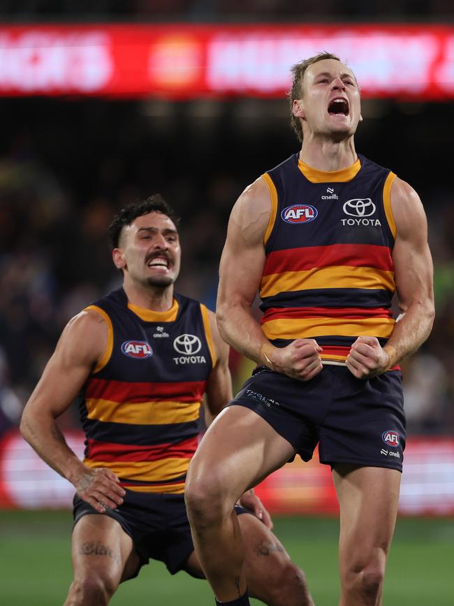 Before the captain’s goal put the Crows in front. (Photo by James Elsby/AFL Photos via Getty Images)
