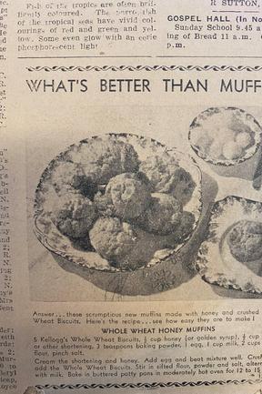 A recipie for whole wheat honey muffins. Gold Coast Bulletin advertising, 1945/1940s