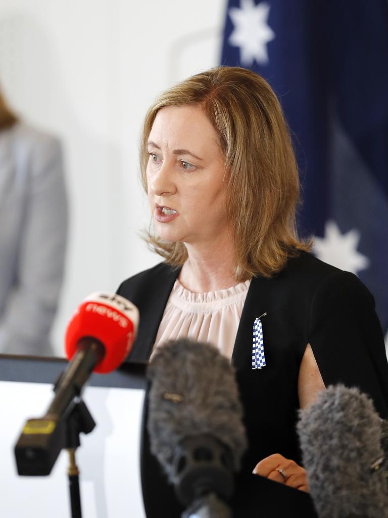 Queensland Health Minister Yvette D'Ath addressing the media on Sunday. Picture: NCA NewsWire / Josh Woning