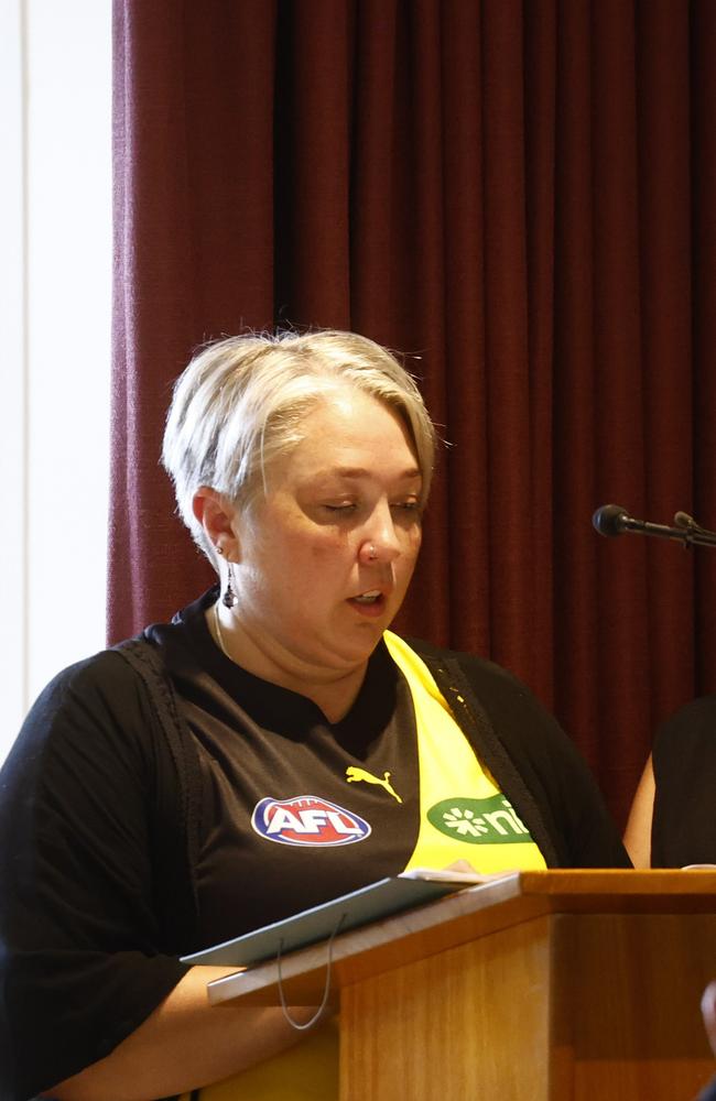 Samara Laverty speaks at the funeral of her son Declan. Picture: Brendan Radke