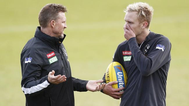 Magpies head coach Nathan Buckley (left) and Jaidyn Stephenson. AAP Image/Daniel Pockett.