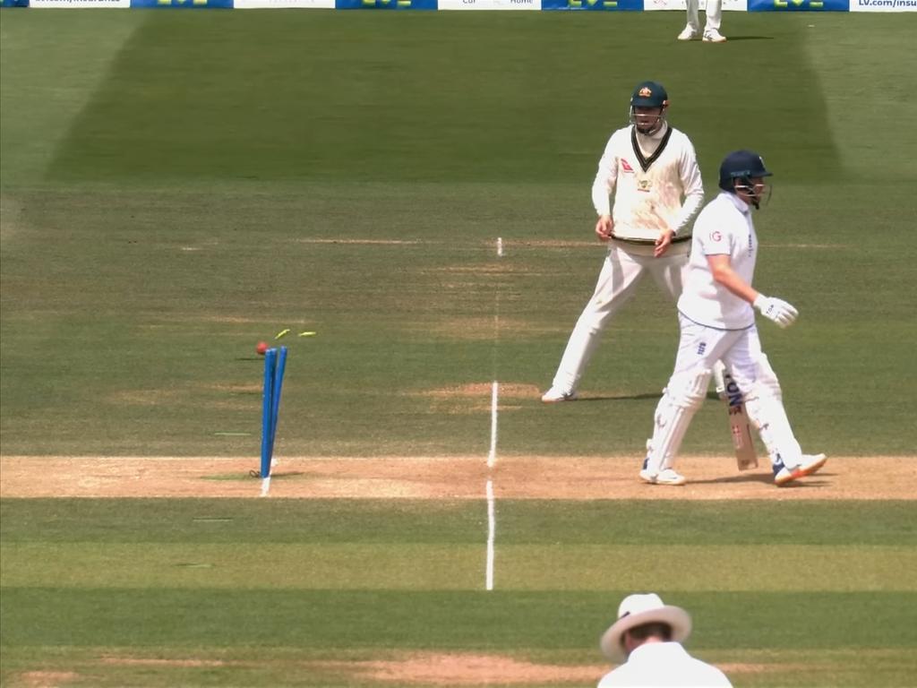 In one of the most controversial moments of the year, Jonny Bairstow of England was run out by Alex Carey after he ventured out of the crease. Picture: Channel 9