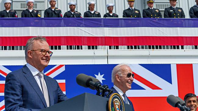 Australian Prime Minister Anthony Albanese, US President Joe Biden and then British Prime Minister Rishi Sunak after a trilateral meeting during the AUKUS summit on March 13, 2023 in San Diego, California. Picture: PMO