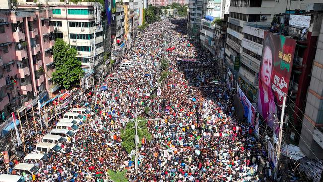 Newly released Khaleda Zia addresses a rally in Dhaka. Picture: AFP