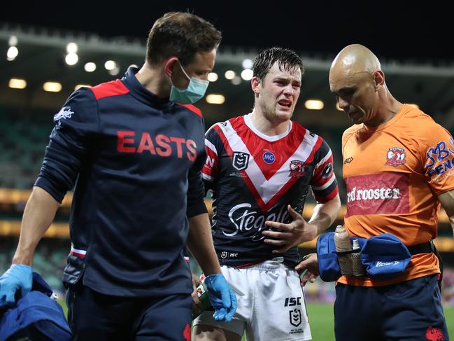 Luke Keary of the Roosters was unable to finish the match due to a badly broken rib. Picture: Cameron Spencer/Getty Images