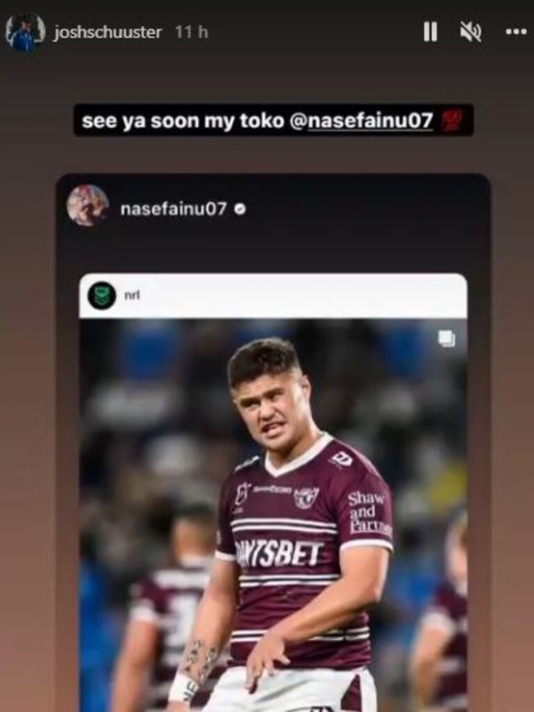 Josh Schuster scribbled the initials MF on his wrist during Sunday’s season-ending loss to the Titans, and took to Instagram to declare ‘see you soon my toko’. Picture: Instagram