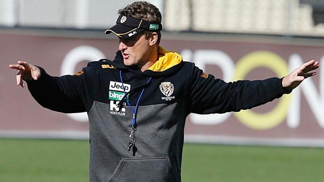 Damien Hardwick directs traffic at Richmond training. Picture: Michael Klein