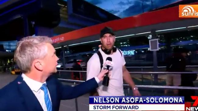 Nelson Asofa-Solomona said his story “would soon be told” after arriving back at Melbourne Airport from Bali this week. Picture: 7 News