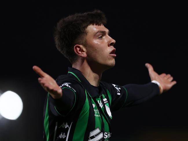 MELBOURNE, AUSTRALIA - MAY 09: Noah Botic of Western United celebrates a goal during the A-League Men Elimination Final match between Western United and Adelaide United at Ironbark Fields on May 09, 2025 in Melbourne, Australia. (Photo by Graham Denholm/Getty Images)