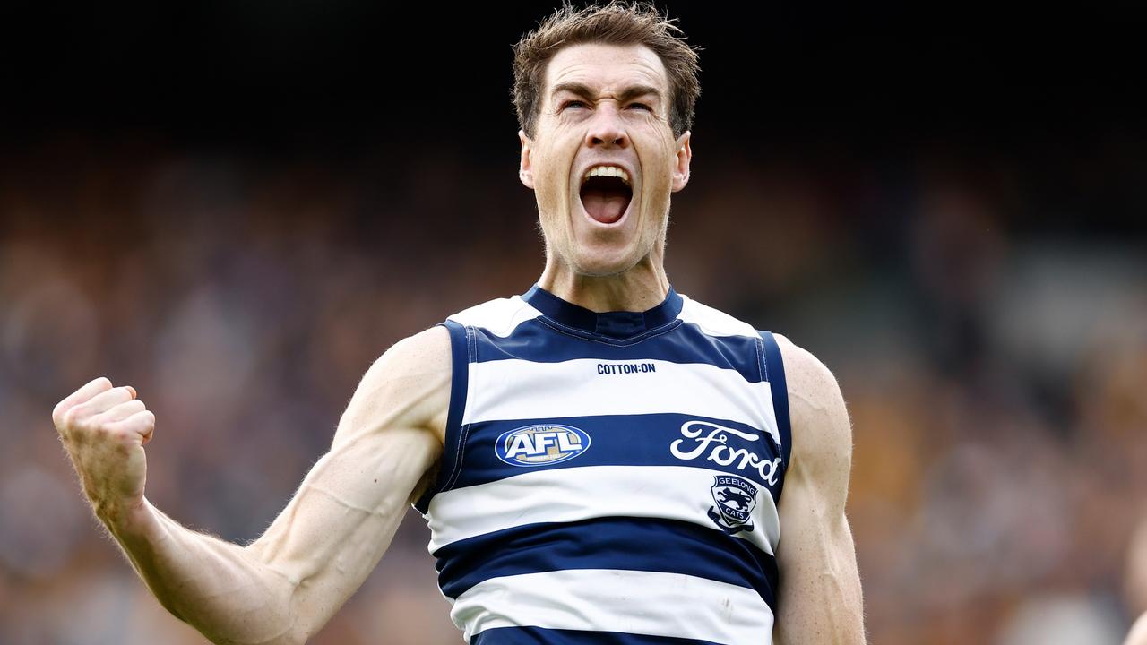 MELBOURNE, AUSTRALIA - APRIL 10: Jeremy Cameron of the Cats celebrates a goal during the 2023 AFL Round 04 match between the Geelong Cats and the Hawthorn Hawks at the Melbourne Cricket Ground on April 10, 2023 in Melbourne, Australia. (Photo by Michael Willson/AFL Photos via Getty Images)