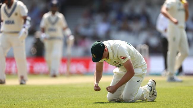 Cameron Green thumps the ground after dropping Thakur. Picture: Ryan Pierse/Getty