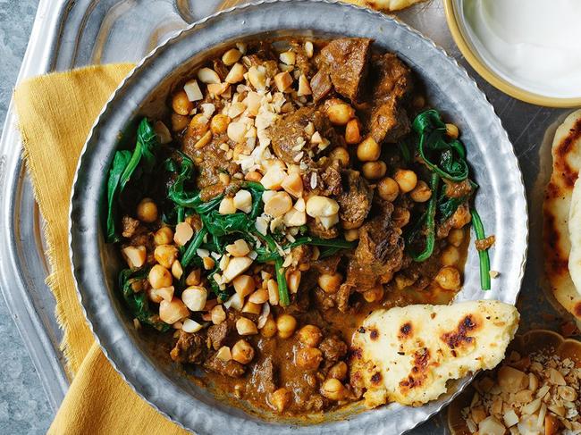 Kangaroo curry with macadamia flatbread.