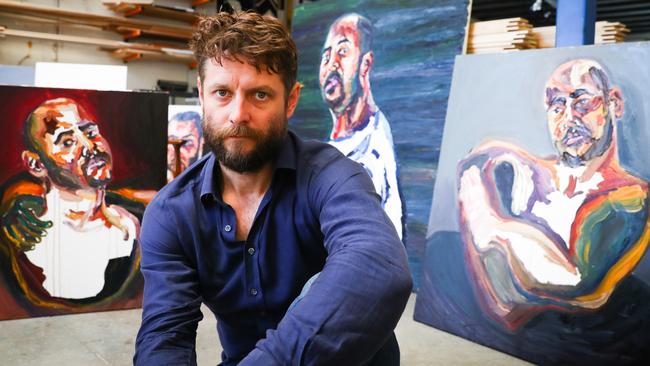 Artist Ben Quilty with works by Bali Nine prisoner Myuran Sukumaran. Picture Renee Nowytarger