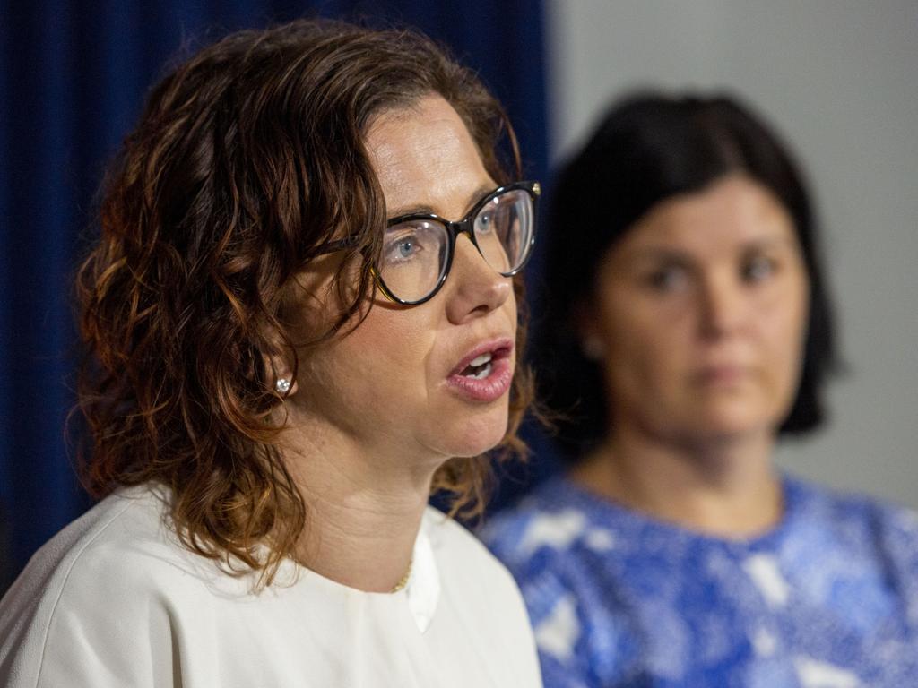 Minister for Families and Social Services of Australia Amanda Rishworth speaking at a press conference alongside Chief Minister Natasha Fyles. Picture: Floss Adams.