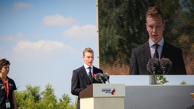 Mitchell Price reads an extract from the diary of World War I digger Lieutenant Walter George Molyneaux Claridge at the Pozieres Centenary Commemoration.