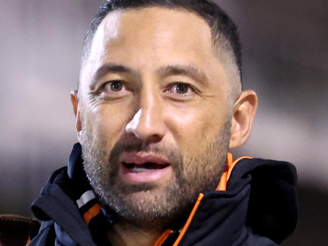 WOLLONGONG, AUSTRALIA - JULY 20: Assistant Coach of the Tigers Benji Marshall arrives prior to the round 21 NRL match between St George Illawarra Dragons and Wests Tigers at WIN Stadium on July 20, 2023 in Wollongong, Australia. (Photo by Jeremy Ng/Getty Images)