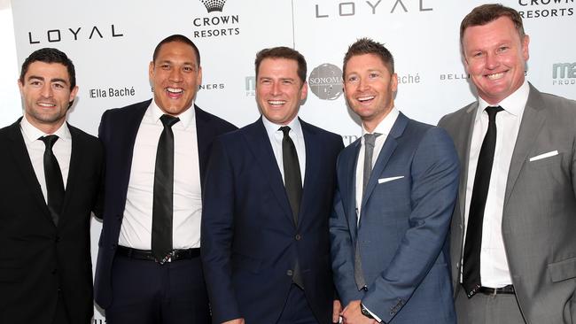 Anthony Minichiello, Geoff Huegill, Karl Stefanovic, Michael Clarke and Anthony Bell at the 2015 Loyal Perpetual Sportsman’s Fundraising Lunch held at Darling Harbour. Picture: Richard Dobson