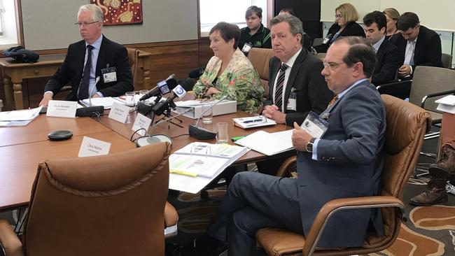 KordaMentha partner Mark Mentha, CALHN chief executive Lesley Dwyer, CALHN deputy chairman Mick Reid and KordaMentha partner Chris Martin at a parliamentary committee hearing. Picture: Brad Crouch