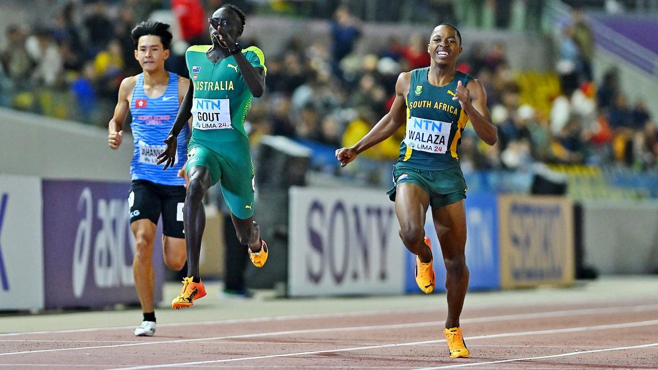 Back in August, Australia's 16-year-old Gout Gout, centre, powered home for silver in the 200m final with a personal best time of 20.60 at the World Athletics U20 Championships in Lima, Peru. Picture: X