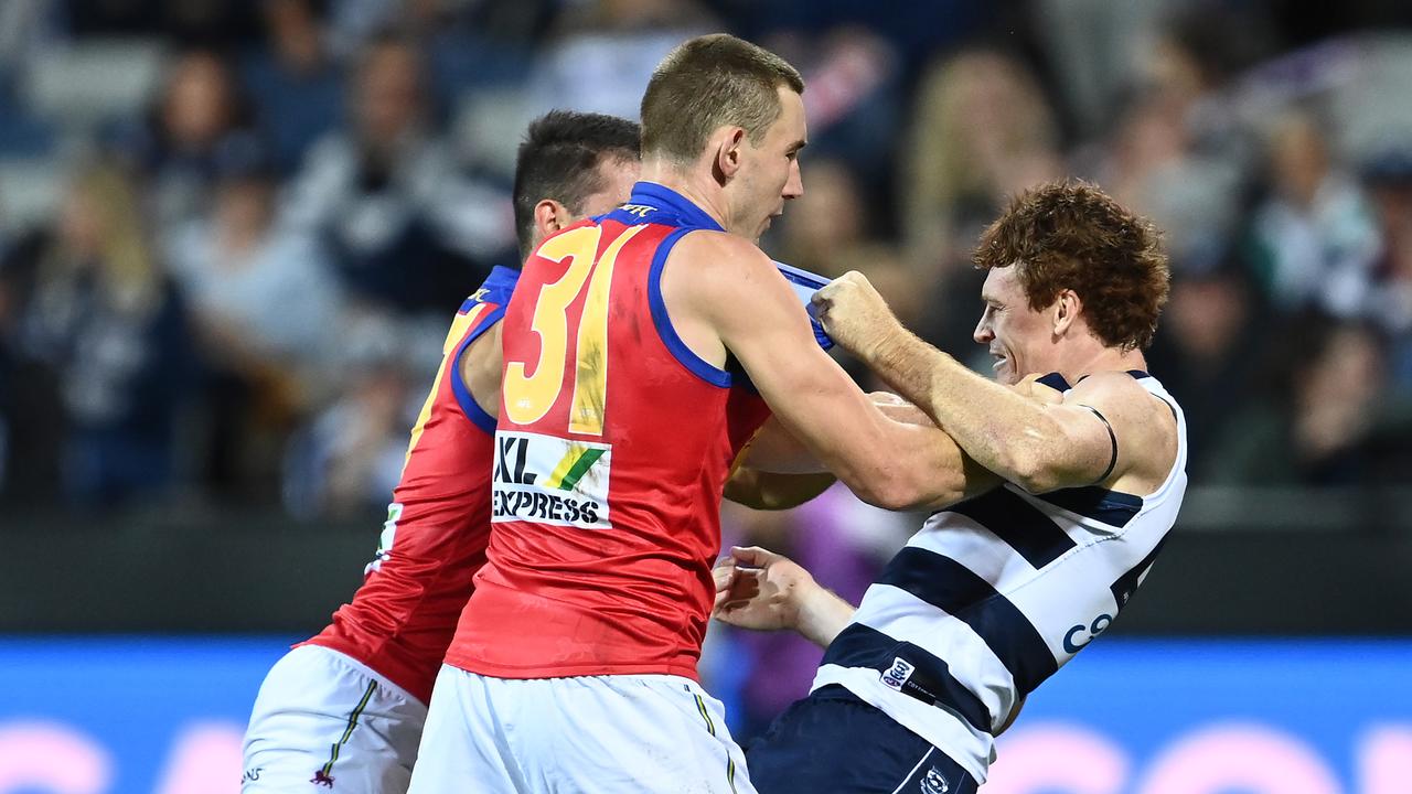 Harris Andrews and Brandon Starcevich got stuck into Rohan after the off-the-ball hit. Picture: Getty Images