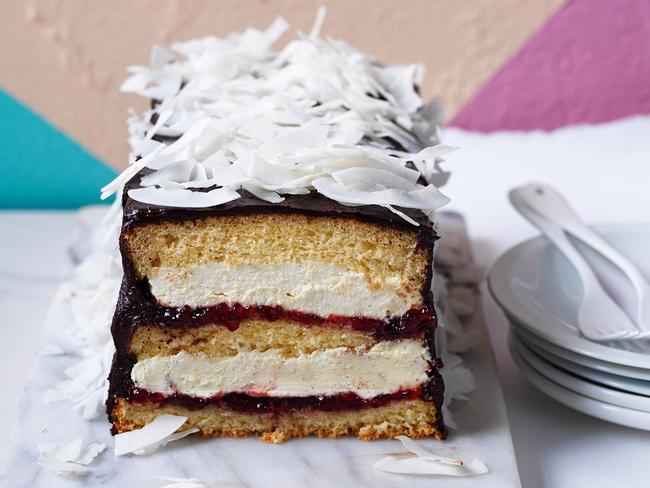 Cherry jam lamington loaf.