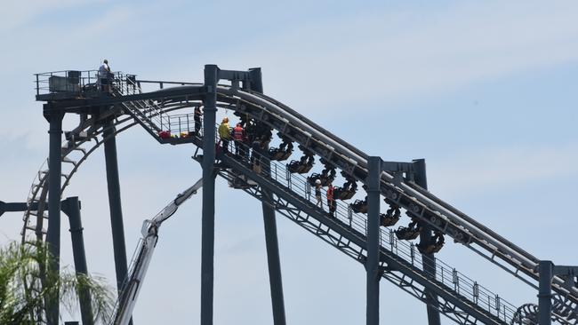 People stuck on the Arkham Asylum ride at Movie World in 2017. Photo: Steve Holland