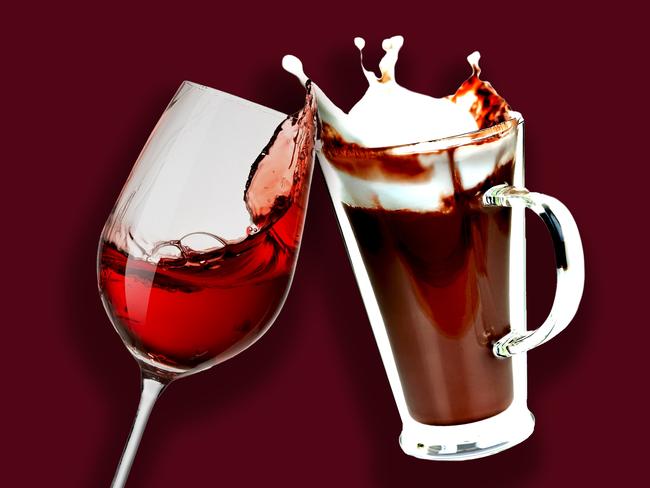 21 January 2025; A photo comp of hot chocolate and wine cheers-ing on a burgundy background. Collage. Sources: iStock. Ratio 4:3.