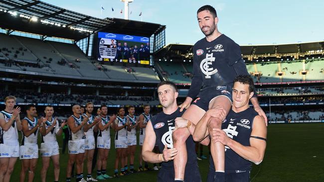 Port Adelaide players helped form a guard of honour for 300-gamer Kade Simpson. Picture: Getty