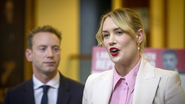 Opposition health spokeswoman Ashton Hurn and State Opposition Leader David Speirs speak to Media at Old Parliament House. Picture: NCA NewsWire / Emma Brasier
