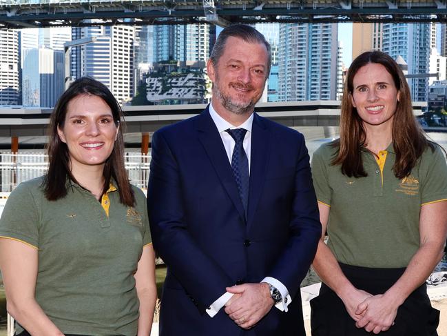 BRISBANE, AUSTRALIA - MAY 28, 2025: Paralympian and Paralympics Australia Athletes Commission Member Ella Sabljak, International Paralympic Committee President, Andrew Parsons and Paralympian and Australian Sports Commissioner during a press conference in Brisbane. Picture: Tertius Pickard