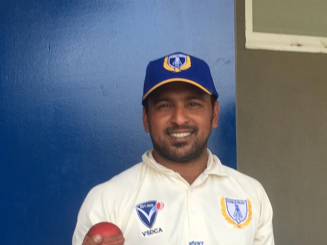 Isi Perera after taking eight wickets for Noble Park